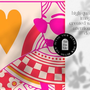 queen of hearts playing card funky wall art, pink and orange preppy wall art dorm decor, preppy y2k room decor aesthetic maximalist wall art image 2