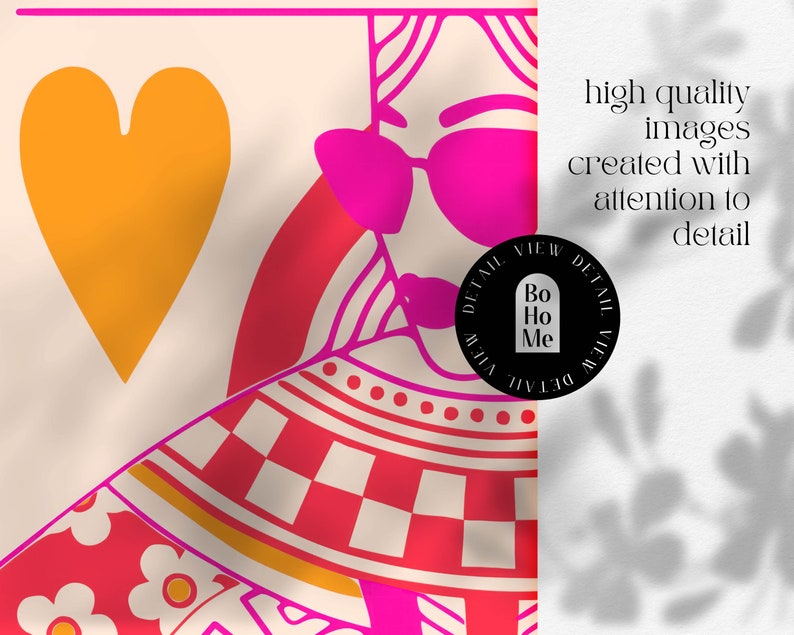 queen of hearts playing card funky wall art, pink and orange preppy wall art dorm decor, preppy y2k room decor aesthetic maximalist wall art image 2