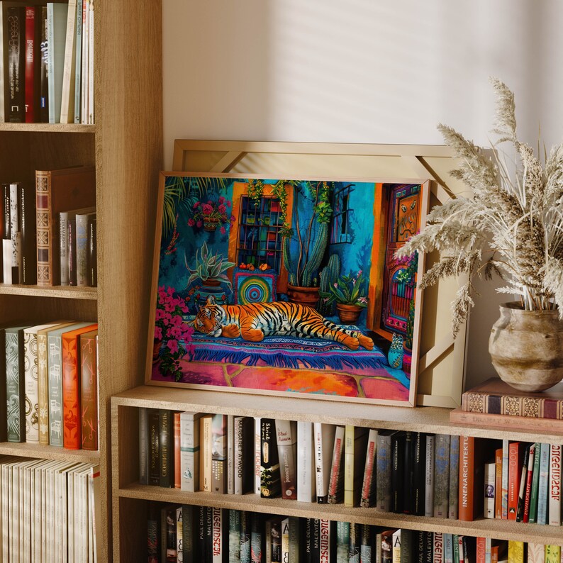 May include: A colorful painting of a tiger lying down on a rug in a room with a blue wall and a door. The tiger is orange, black, and white. The rug is red, orange, yellow, and blue. The wall is blue and has a window with a colorful stained glass design. The door is blue and has a metal handle.
