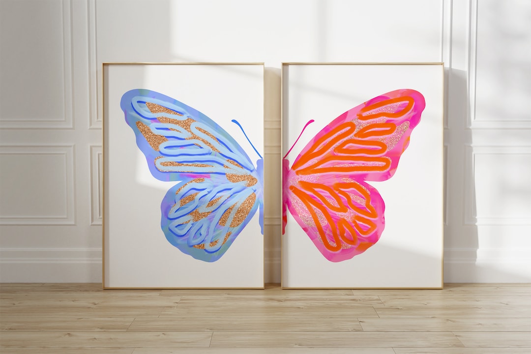 Pink Split Butterfly Wall Art Set College Dorm Decor, Girly Wall Art