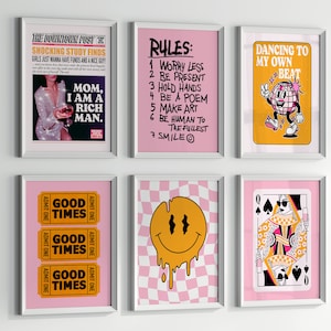 positieve affirmatie kunst retro prints funky kamerdecor, krantenmuurkunst uniek appartementdecor, muurkunst set van 6 bar cart art prints