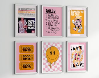 positive affirmation art retro prints funky room decor, newspaper wall art unique apartment decor, wall art set of 6 bar cart art prints
