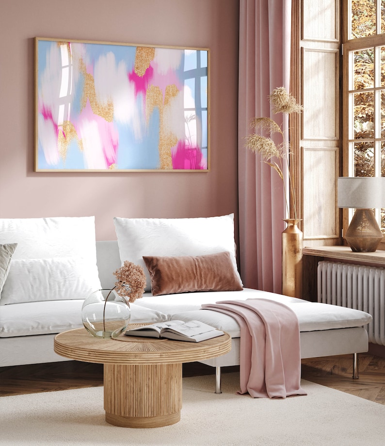 lyxig väggkonst lägenhetsväggdekor blå väggkonst med starkt rosa rumsinredning elegant, blå trendig väggkonst starkt rosa konsttryck fin rumsinredning bild 6