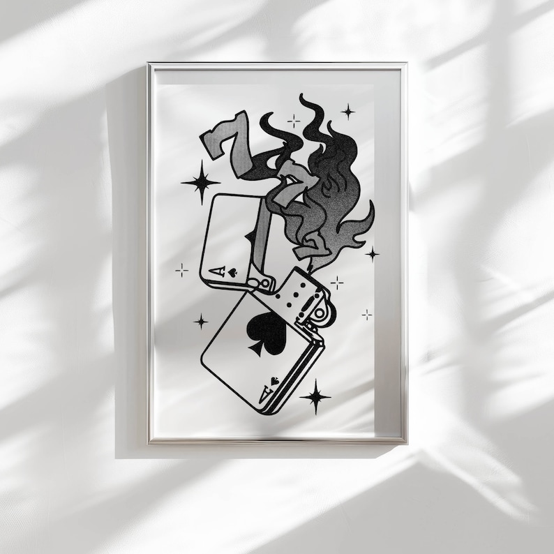 May include: Black and white illustration of a lighter with a flame and two playing cards, an ace of spades and a seven of diamonds. The cards are partially inside the lighter. The image has a vintage style.