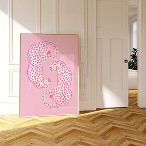May include: Pink and white abstract print of two leopards curled up together on a pink background.