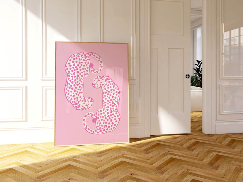 May include: Pink and white abstract print of two leopards curled up together on a pink background.