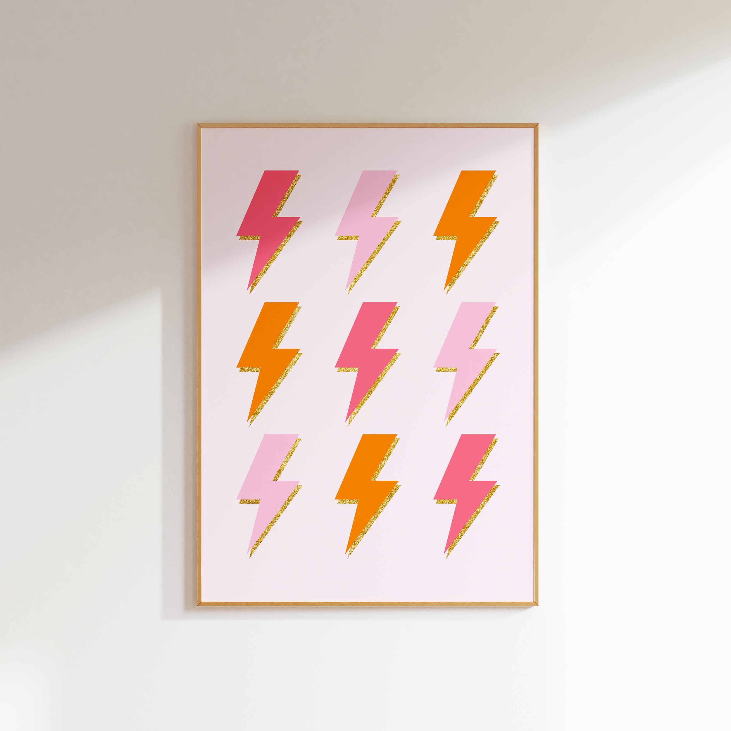 Lightning Bolts Pink Orange Preppy Wall Art Preppy Dorm Room Decor