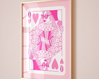 queen of hearts retro wall art girly room decor aesthetic poster, pink wall art trendy girls room decor, pink poster cute apartment decor
