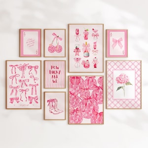 Trendy Girly Prints Set Of 9 | Pink Dorm Room Decor Gallery Wall Set, Feminine Aesthetic apartment decor, pink preppy posters Teen Girl Gift