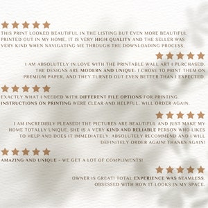 May include: Five-star reviews for printable wall art. The reviews highlight the high quality of the prints, the seller's helpfulness, and the unique designs. The text includes phrases like "modern and unique", "very kind", "clear and helpful", and "totally unique".