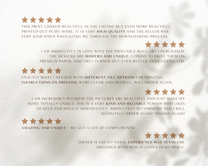 May include: Five-star reviews for printable wall art. The reviews highlight the high quality of the prints, the seller's helpfulness, and the unique designs. The text includes phrases like "modern and unique", "very kind", "clear and helpful", and "totally unique".