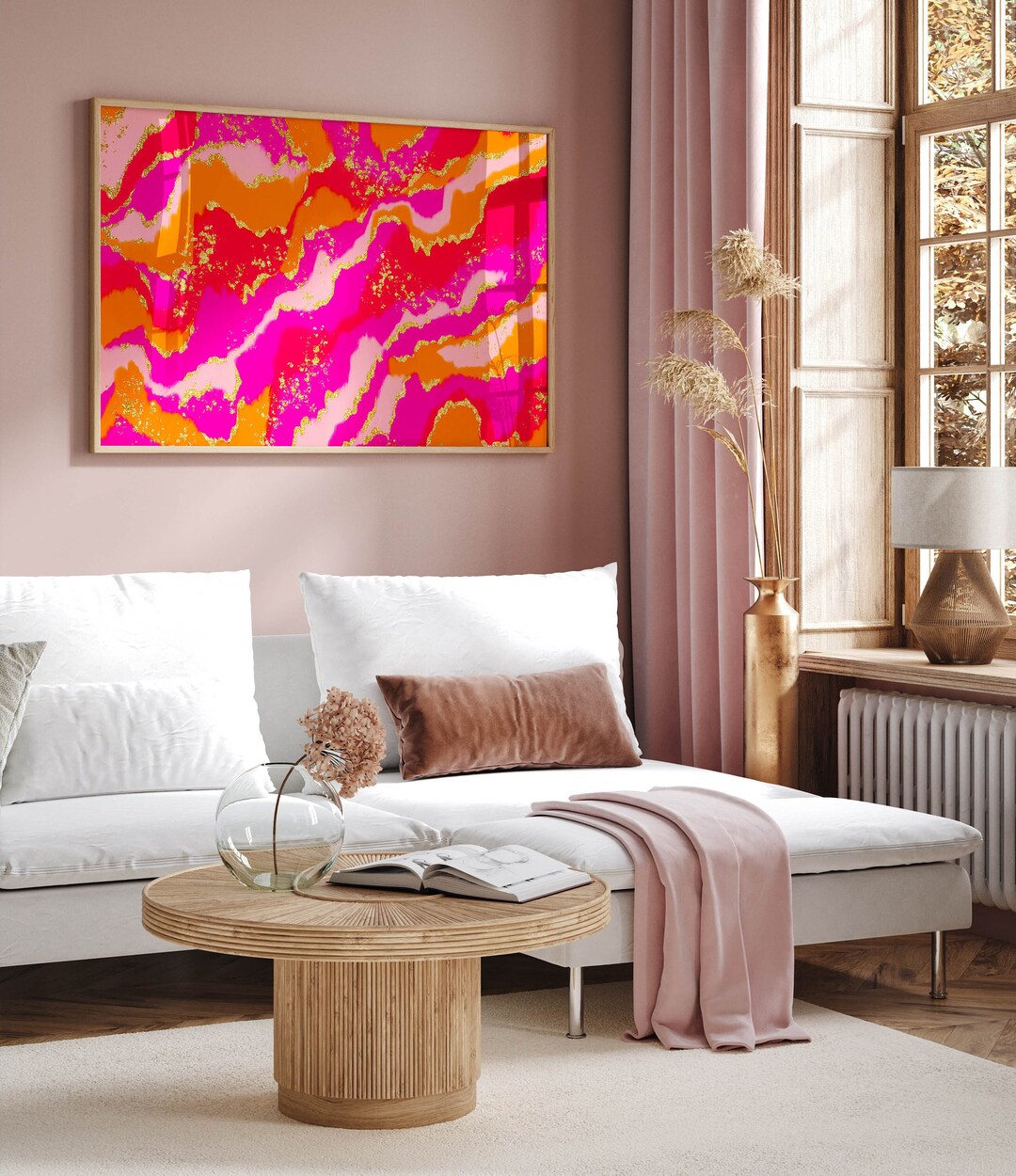 Pink Orange Abstract Painting Preppy Room Decor Bar Cart Decor