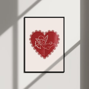 cupid and heart aesthetic poster wall art trendy bedroom decor, retro wall art unique apartment decor, retro art print coquette room decor