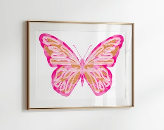 pink wall art trendy apartment decor butterfly poster, preppy wall art print dorm room decor aesthetic, y2k aesthetic poster pink room decor