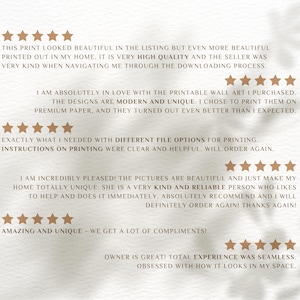 May include: Five-star reviews for printable wall art. The reviews highlight the high quality of the prints, the modern and unique designs, and the seller's helpfulness. The text includes phrases like "absolutely in love", "turned out even better than I expected", "incredibly pleased", and "totally unique".