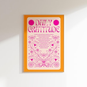 daily gratitude affirmation wall art eclectic home decor, pink orange wall art preppy room decor, funky retro art print spiritual wall art