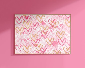 pink hearts preppy wall art, light pink wall art trendy apartment decor, pink room decor aesthetic dorm decor, girls room decor preppy print