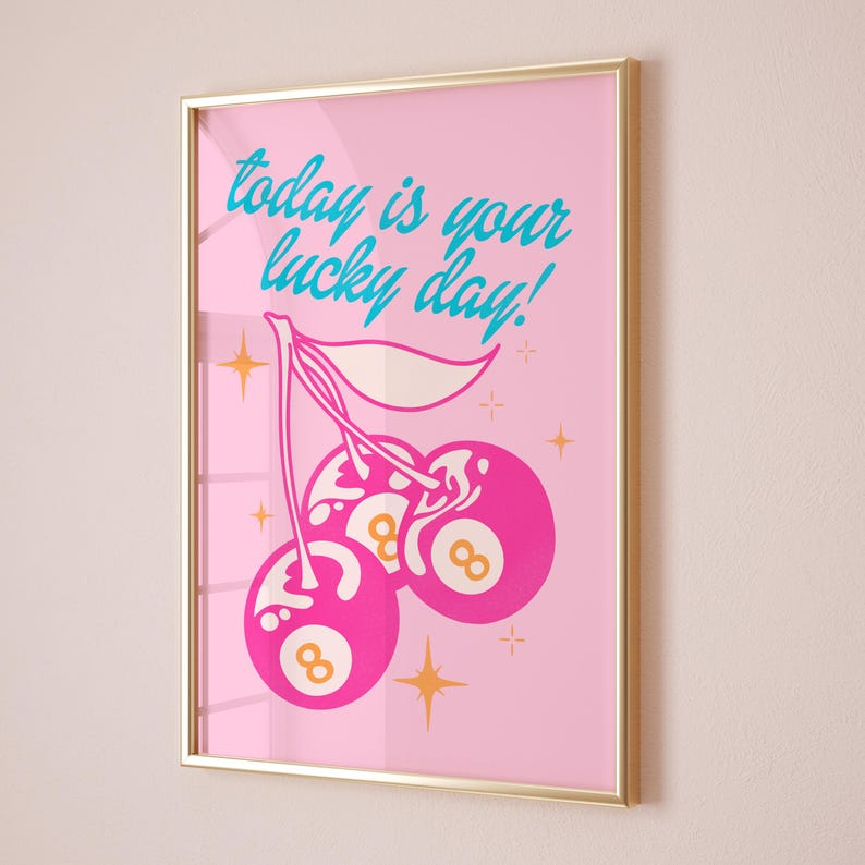 retro wall art print funky home decor, pink and orange wall art college apartment decor, lucky you print funky poster maximalist wall decor image 2