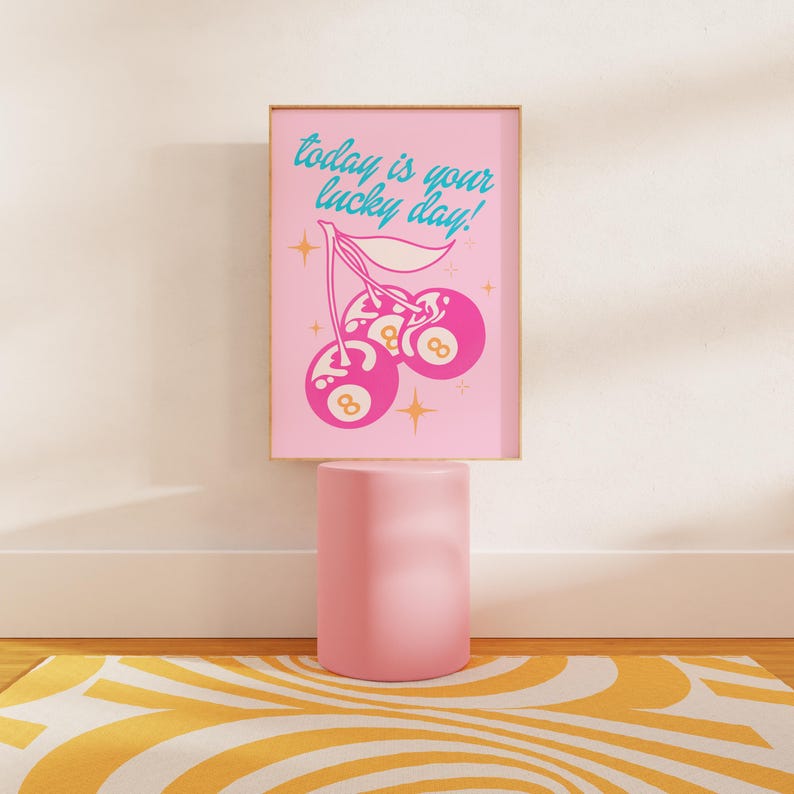 retro wall art print funky home decor, pink and orange wall art college apartment decor, lucky you print funky poster maximalist wall decor image 6