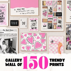 conjunto de pared de galería de 150 carteles rosados de arte de pared de moda, impresión estética de arte de pared de decoración de apartamentos universitarios, impresiones de dormitorios universitarios de arte de pared femenino