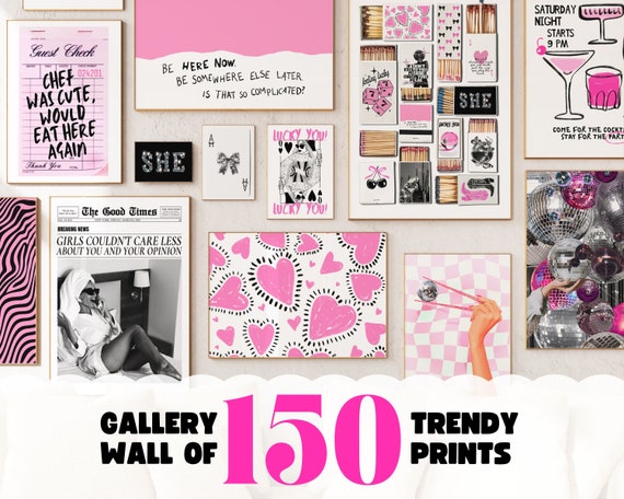 gallery wall set of 150 trendy wall art pink posters, college apartment decor aesthetic wall art print, girly wall art college dorm prints