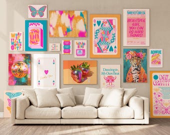 Gallery Wall SET VAN 17 prints, maximalistische muurkunst dopamine decor, funky muurkunst eigenzinnig interieur, slaapzaal kunst aan de muur trendy preppy kamer decor