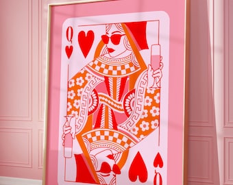 reina de corazones champán pared arte decoración maximalista suerte que imprimes, cartel de cóctel estético preppy lindo apartamento decoración bar carrito impresiones