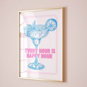 happy hour znak niebieski modny sztuka ścienna wystrój pokoju studenckiego estetyczny wystrój y2k, do pobrania sztuka niebieski wystrój pokoju w akademiku sztuka ścienna retro wózek barowy
