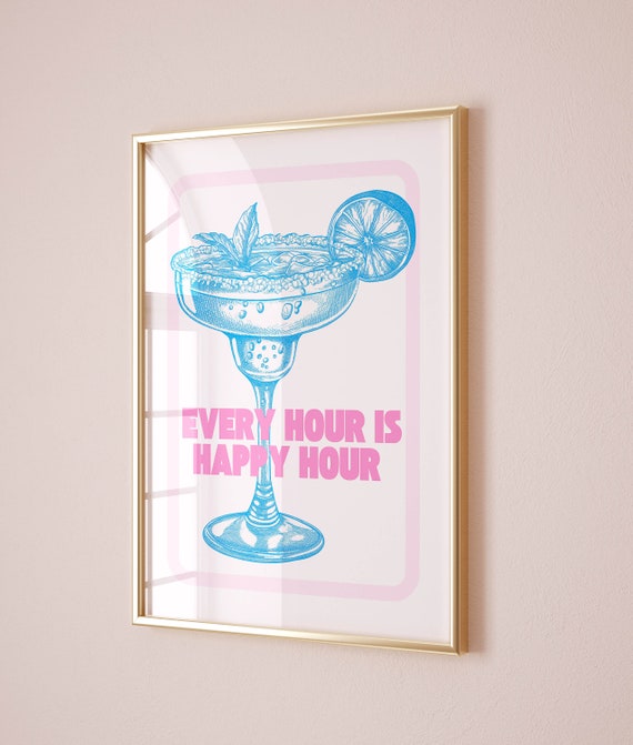 happy hour sign blue trendy wall art college room decor aesthetic y2k decor, downloadable art blue dorm room decor retro bar cart wall art