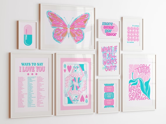 teal light pink wall art preppy room decor gallery wall art set of 9, pink preppy wall art print trendy retro poster teen girl wall decor