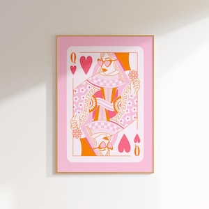 queen of hearts trendy retro wall art teen girl room decor aesthetic poster preppy art print, preppy aesthetic room decor colorful wall art