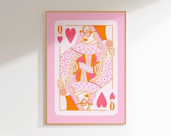 queen of hearts trendy retro wall art teen girl room decor aesthetic poster preppy art print, preppy aesthetic room decor colorful wall art