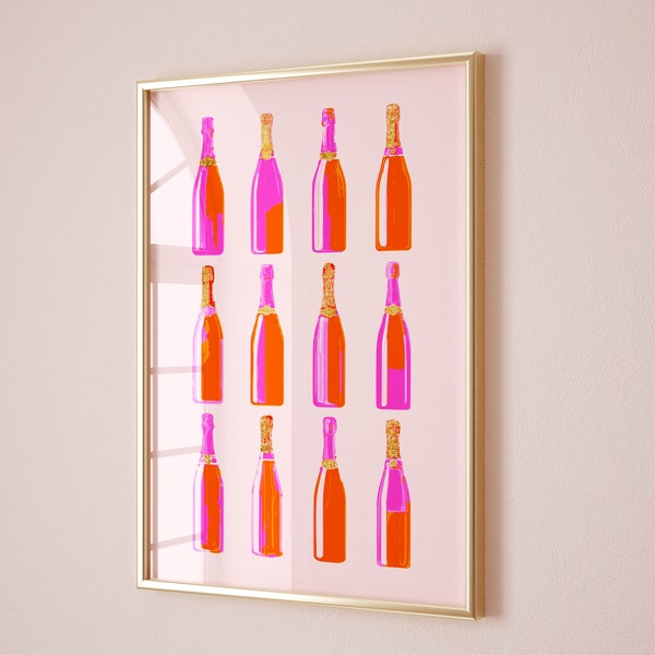 champagne wall art print bar cart decor, pink and orange wall art trendy apartment decor, alcohol poster pink decor bar cart art pink poster