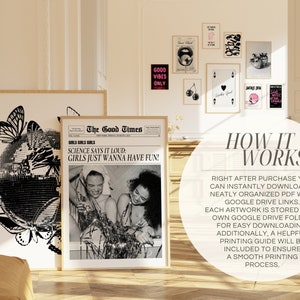 May include: A set of printable wall art featuring black and white illustrations of butterflies, a globe, and a couple. The text on the print reads "The Good Times" and "Science says it loud: Girls just wanna have fun!"