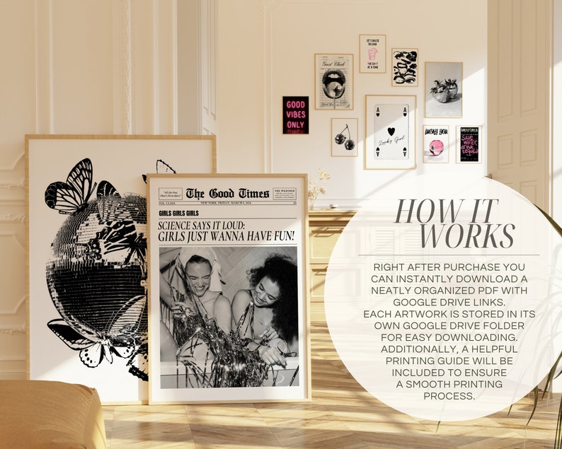 May include: A set of printable wall art featuring black and white illustrations of butterflies, a globe, and a couple. The text on the print reads "The Good Times" and "Science says it loud: Girls just wanna have fun!"