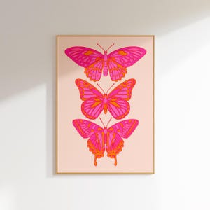 pink orange butterfly wall art preppy room decor for teens, cute apartment decor maximalist wall art, funky art print aesthetic room decor