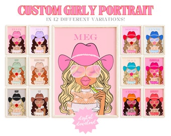 retrato femenino personalizado 6 decoración de apartamentos universitarios arte estético de pared preppy, decoración de letreros de despedida de soltera de vaquera costera, decoración funky de arte de carrito de bar