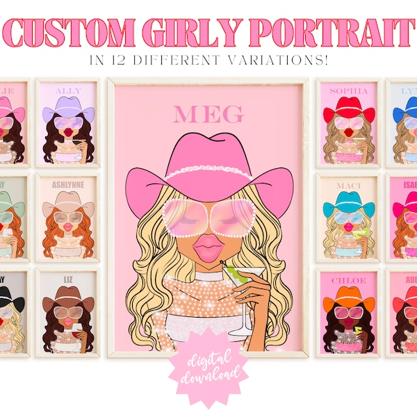 niestandardowy dziewczęcy portret 6 wystrój mieszkania w college'u estetyczna sztuka ścienna preppy, dekoracja znaku bachelorette coastal cowgirl, dekoracja wózka barowego funky