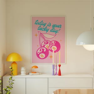 retro wall art print funky home decor, pink and orange wall art college apartment decor, lucky you print funky poster maximalist wall decor image 8