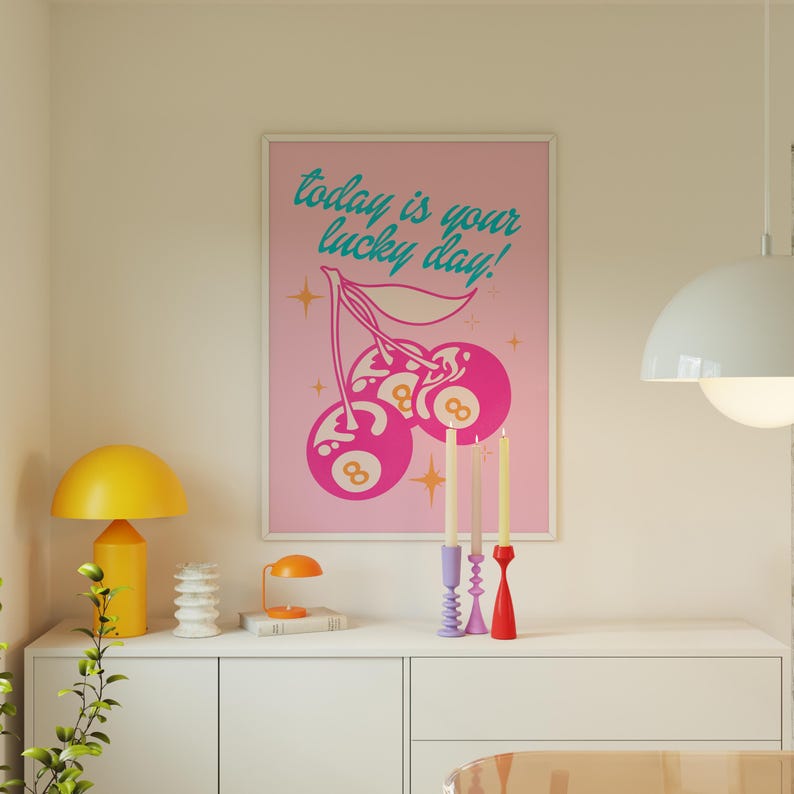 retro wall art print funky home decor, pink and orange wall art college apartment decor, lucky you print funky poster maximalist wall decor image 8