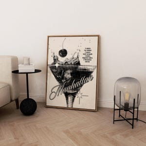 May include: Black and white illustration of a Manhattan cocktail with the recipe printed on a white background. The text reads: "4 ounces rye whiskey, 2 ounces sweet vermouth, 4 dashes Angostura bitters, 2 Maraschino cherries".