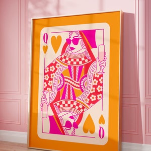 queen of hearts playing card funky wall art, pink and orange preppy wall art dorm decor, preppy y2k room decor aesthetic maximalist wall art image 6