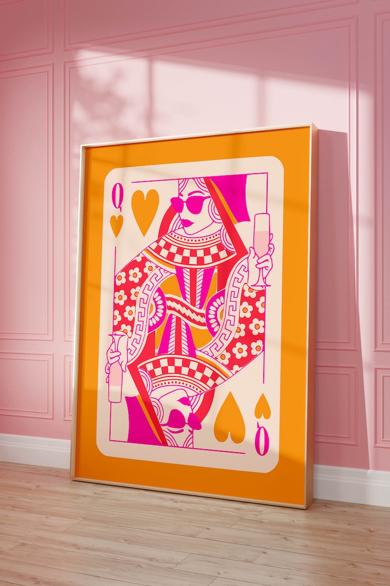 queen of hearts playing card funky wall art, pink and orange preppy wall art dorm decor, preppy y2k room decor aesthetic maximalist wall art image 6