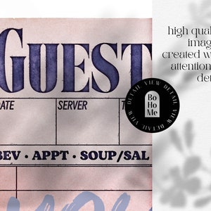 K&ouml;nnte beinhalten: Ein Gastcheck im Vintage-Stil mit dem Wort "GUEST" in gro&szlig;en, fetten Buchstaben oben. Der Check hat Platz f&uuml;r Datum, Kellner und Bestelldetails, darunter Getr&auml;nke, Vorspeise, Suppe und Salat. Ein kleines Schwarzwei&szlig;-Logo mit dem Text "Bo Ho Me" befindet sich in der oberen rechten Ecke.