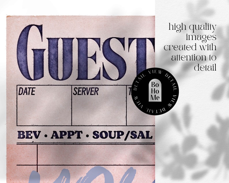 K&ouml;nnte beinhalten: Ein Gastcheck im Vintage-Stil mit dem Wort "GUEST" in gro&szlig;en, fetten Buchstaben oben. Der Check hat Platz f&uuml;r Datum, Kellner und Bestelldetails, darunter Getr&auml;nke, Vorspeise, Suppe und Salat. Ein kleines Schwarzwei&szlig;-Logo mit dem Text "Bo Ho Me" befindet sich in der oberen rechten Ecke.