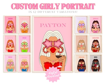 custom girly portrait 7 preppy room decor for teens, girly wall art bedroom decor, pink wall art teen girl room decor aesthetic wall art