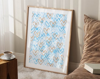 blue hearts preppy wall art printable, preppy room decor for teens, trendy posters preppy paintings, grily wall art dorm decor college girls