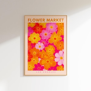 decoración maximalista del mercado de flores rosa naranja, decoración retro del cartel de los años 70 con estampado del mercado de flores, decoración estética de la habitación del arte de la pared de moda con estampado floral