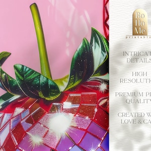 May include: A close-up of a red and purple mosaic strawberry with green leaves. The strawberry is a digital illustration with a high resolution and intricate details. The text "Bo Ho Me printables" is in the upper right corner of the image.