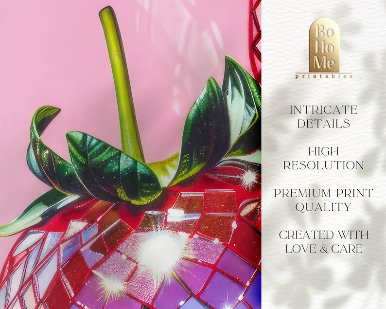 May include: A close-up of a red and purple mosaic strawberry with green leaves. The strawberry is a digital illustration with a high resolution and intricate details. The text "Bo Ho Me printables" is in the upper right corner of the image.